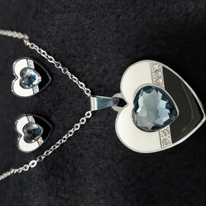S .Steel White/Black Enamel Heart Grey Stone 18" Necklace & Earrings Set